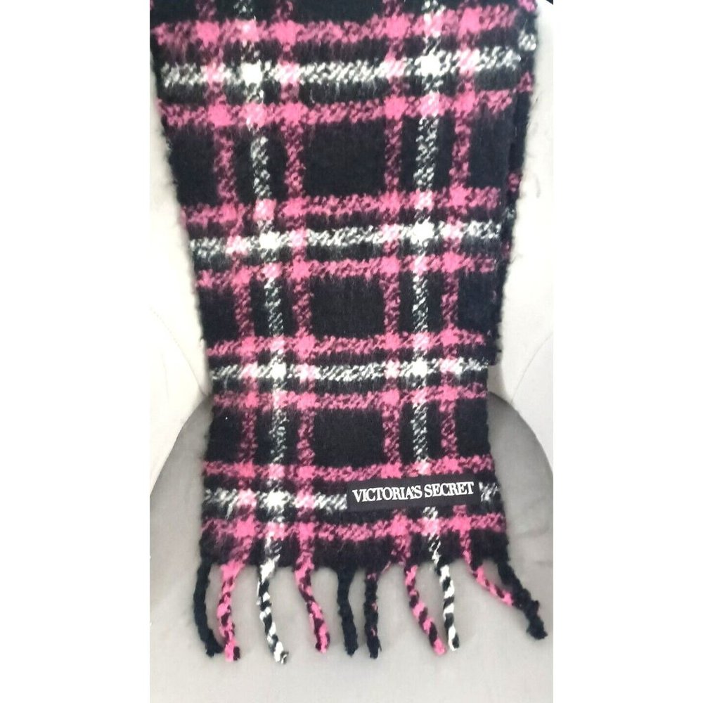Victoria's Secret Winter Angel Plush Plaid Scarf Black Fuchsia Acrylic SOFT 80"